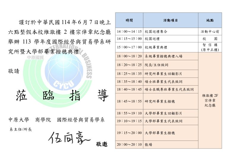 【113學年度國際經營與貿易學系研究所暨大學部畢業撥穗典禮 】
